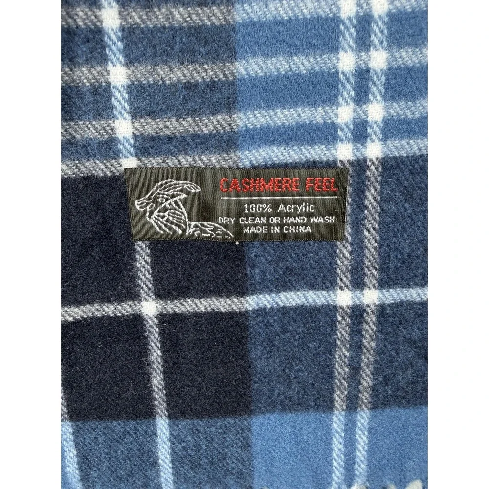 Cashmere Feel Scarf Mens One Size Blue Plaid Fringe Soft‎ Winter Neck Warmer